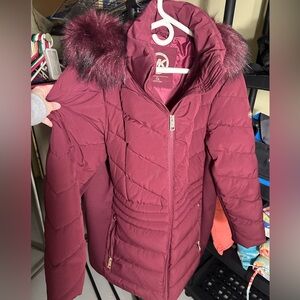 Michael Kors Maroon Puffer Jacket with Faux Fur
